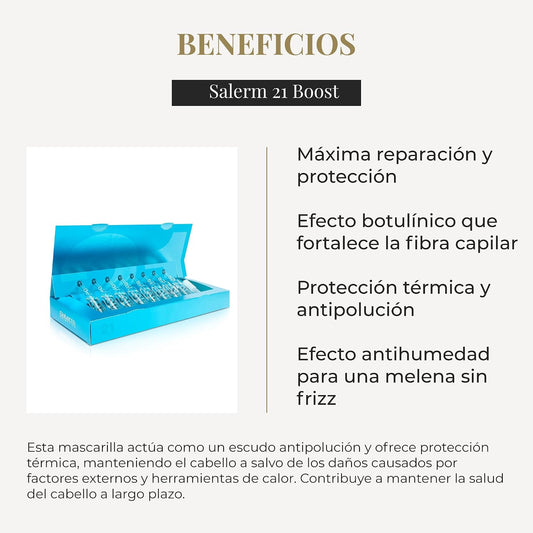 SALERM 21 - Boost Ampollas Reparadoras Concentradas con Proteína de Seda y Provitamina B5 8 x 13 ml - Fórmula 5 Veces Más Concentrada - Antipolución