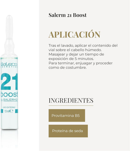 SALERM 21 - Boost Ampollas Reparadoras Concentradas con Proteína de Seda y Provitamina B5 8 x 13 ml - Fórmula 5 Veces Más Concentrada - Antipolución
