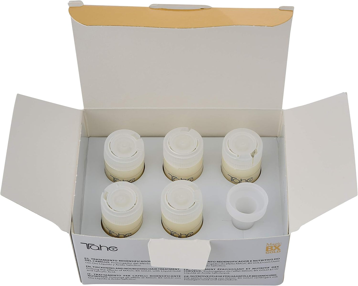 Tahe Magic BX Gold Tratamiento Capilar Redensificador Hidratante de Larga Duración, Caja de 5 Ampollas 10 ml. Brillo Infinito, Melena Densa, Suavidad Extrema