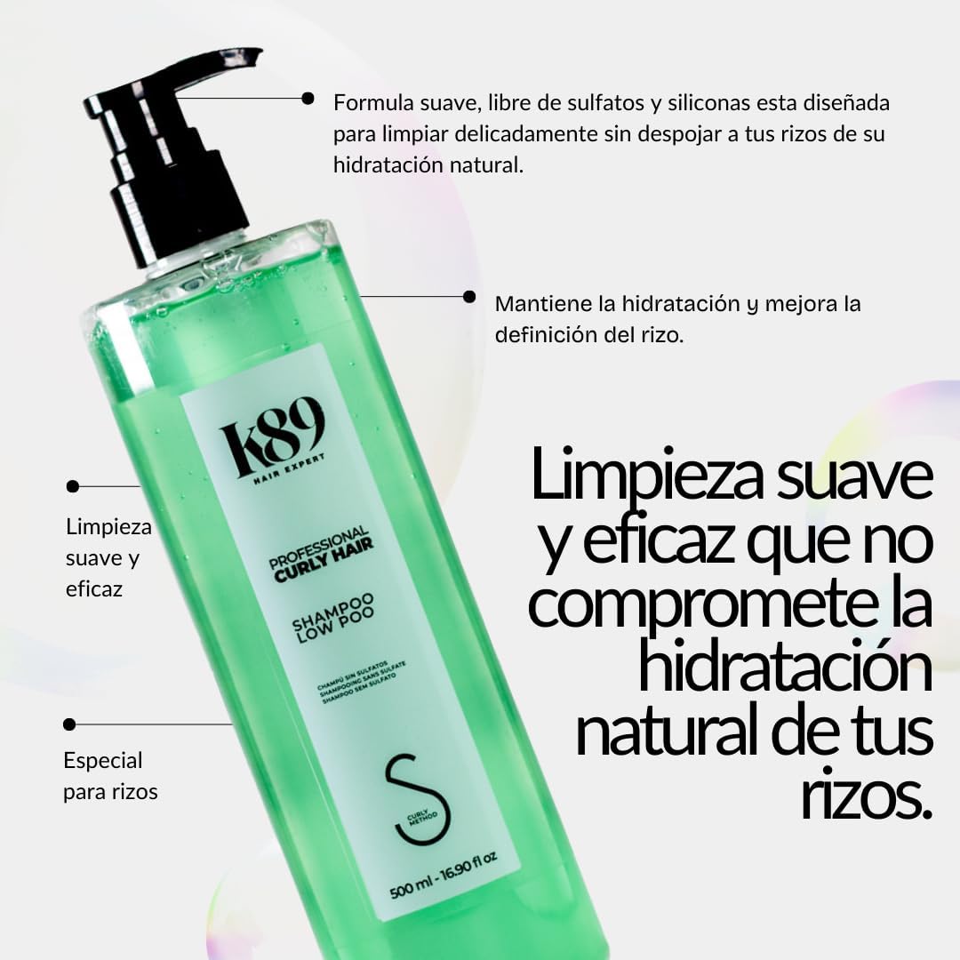 K89 - Professional Curly Hair Low Poo Champú sin Sulfatos con Aceite de Argán 500ml - Limpia sin Resecar el Cuero Cabelludo Sensible - Método Curly