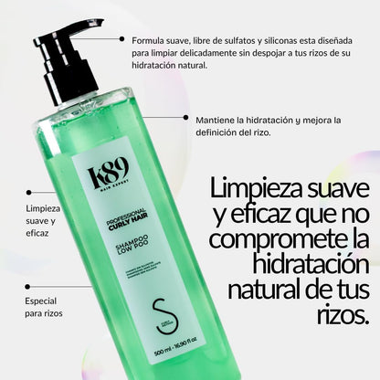 K89 - Professional Curly Hair Low Poo Champú sin Sulfatos con Aceite de Argán 500ml - Limpia sin Resecar el Cuero Cabelludo Sensible - Método Curly