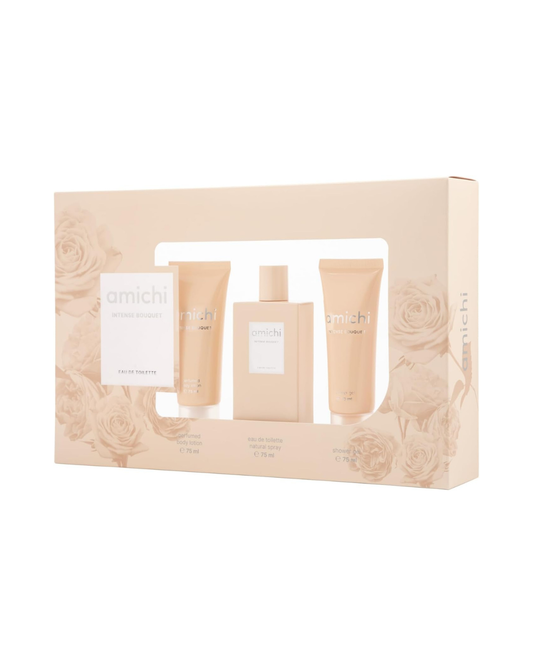 Set de Perfume Mujer Amichi Intense Bouquet – Estuche 3 Piezas (EDT 75 ml + Gel de Ducha 75 ml + Loción Corporal 75 ml) | Aroma floral con toque verde y vainilla