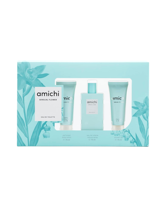 Set de Perfume Mujer Amichi Sensual Flower – Estuche 3 Piezas (EDT 75 ml + Gel de Baño 75 ml + Body Lotion 75 ml) | Floral oriental afrutado con almendra y vainilla