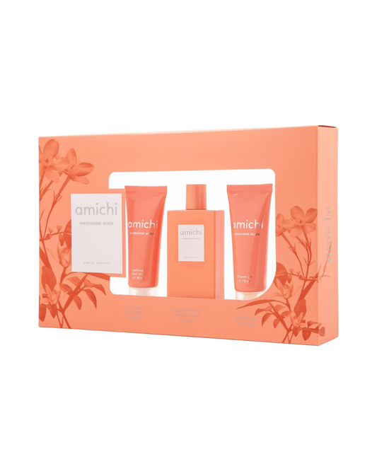 Set de Perfume Mujer Amichi Mandarine Musk – Estuche 3 Piezas (EDT 75 ml + Gel de Ducha 75 ml + Loción Corporal 75 ml) | Cítrico aromático con almizcle