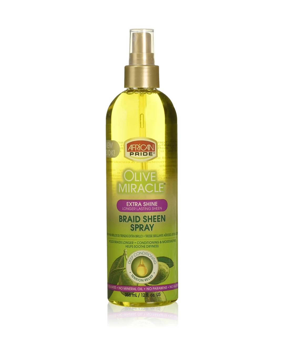 African Pride Braid Sheen – Spray de brillo extra para trenzas (355 ml) | Brillo, suavidad y confort del cuero cabelludo