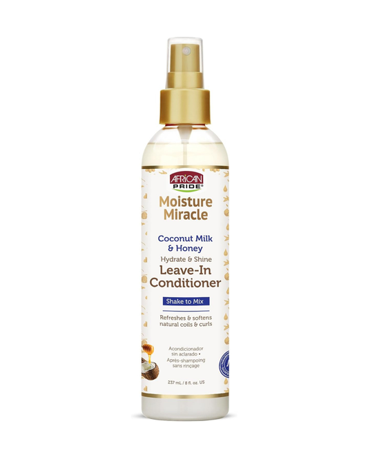 African Pride Moisture Miracle Leche de Coco & Miel – Acondicionador en spray sin aclarado (237 ml) | Hidratación ligera, desenredado y control del encrespamiento