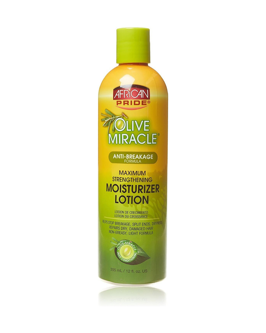 African Pride Olive Miracle Moisturizer – Loción hidratante para crecimiento y anti-rotura (12 oz / 355 ml aprox.) | Hidratación diaria, brillo y menos rotura