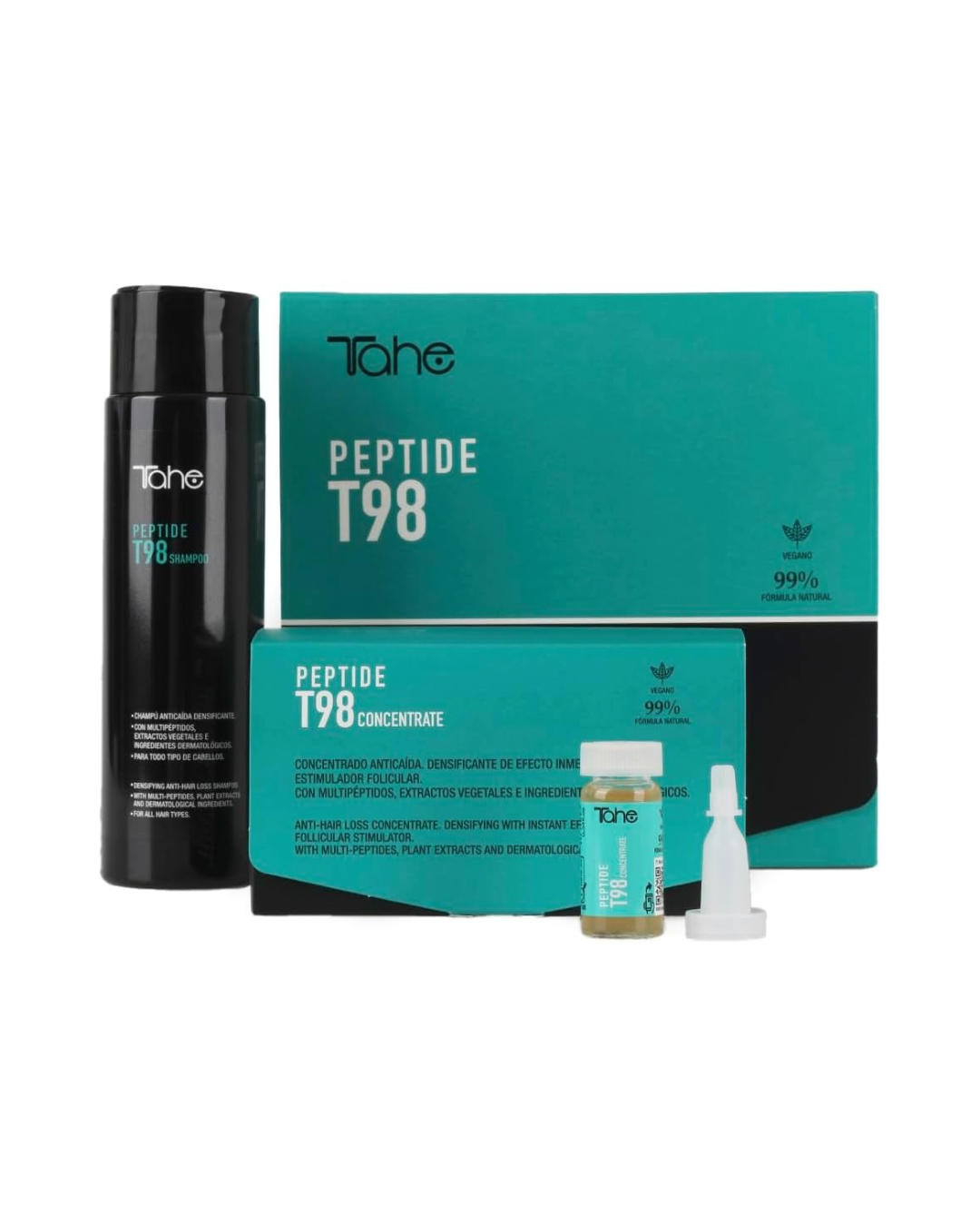 TAHE - Peptide T98 Pack Anticaída Densificante Concentrado 6x10 ml y Champú 300 ml - Estimula el Folículo y Redensifica - Multipéptidos y Colágeno