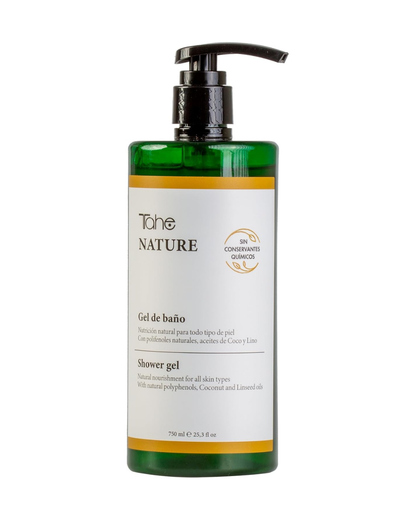 TAHE - Nature Gel de Baño sin Sulfatos con Polifenoles Naturales y Aceite de Coco y Lino 750ml - Limpia sin Resecar la Piel - Prebióticos Sin Jabó