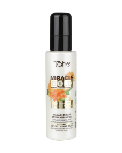 TAHE - Miracle Gold Crema de Peinado Antiencrespamiento con Queratina Argán y Manzanilla 100ml - Doma el Cabello Rebelde y el Frizz - Sin Aclarado