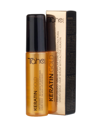 TAHE - Keratin Gold Sérum Capilar Oro Líquido con Queratina Pura, Células Madre Vegetales Activas y Aceite de Argán 30ml - Sella Puntas Abiertas